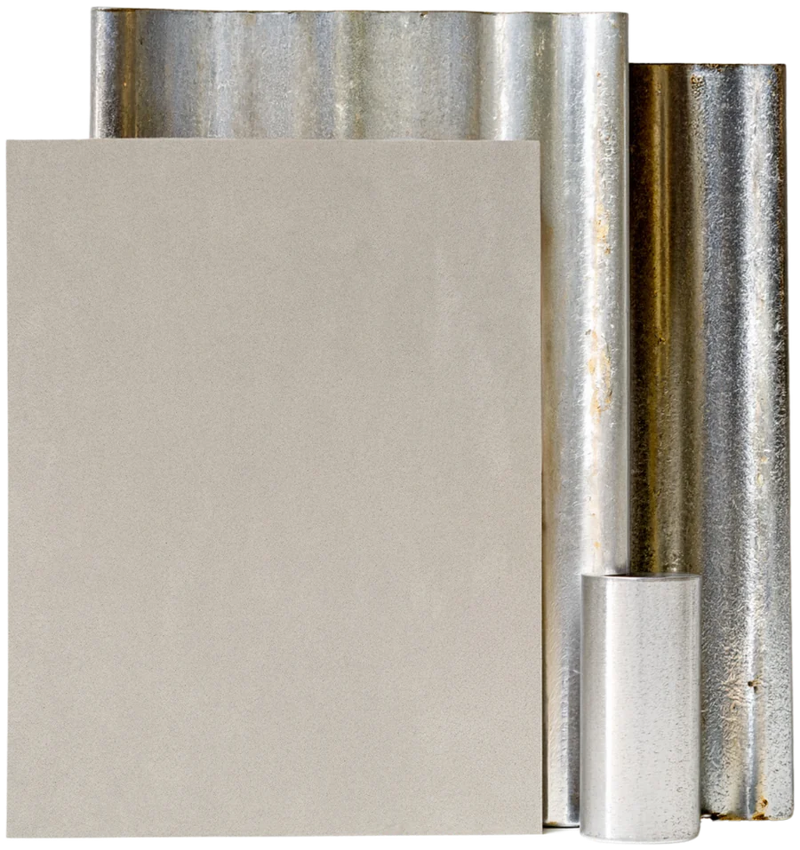 Moodboard Zinc 123 : plaquette de béton ciré et tubes de métal