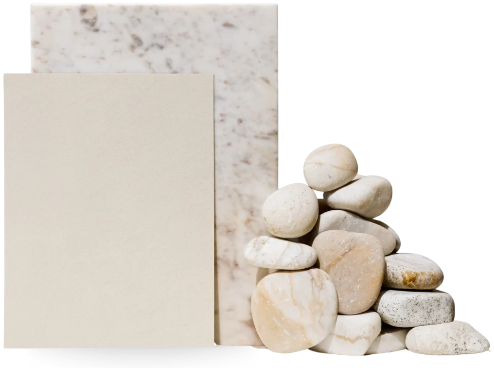 Moodboard Galet 132 : plaquette de béton ciré, travertin et galets