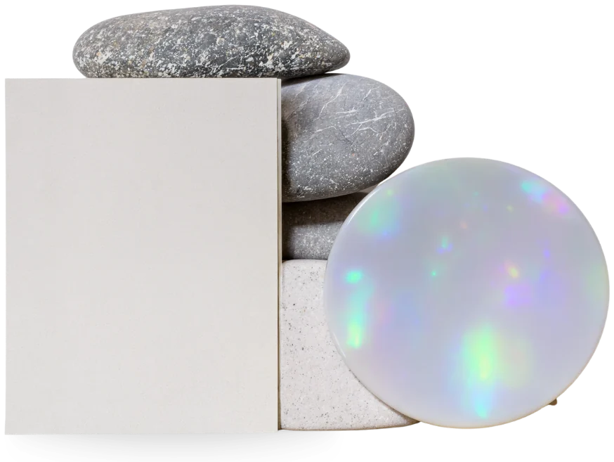 Moodboard Opale 112 : plaquette de béton ciré, galets et pierre d'opale